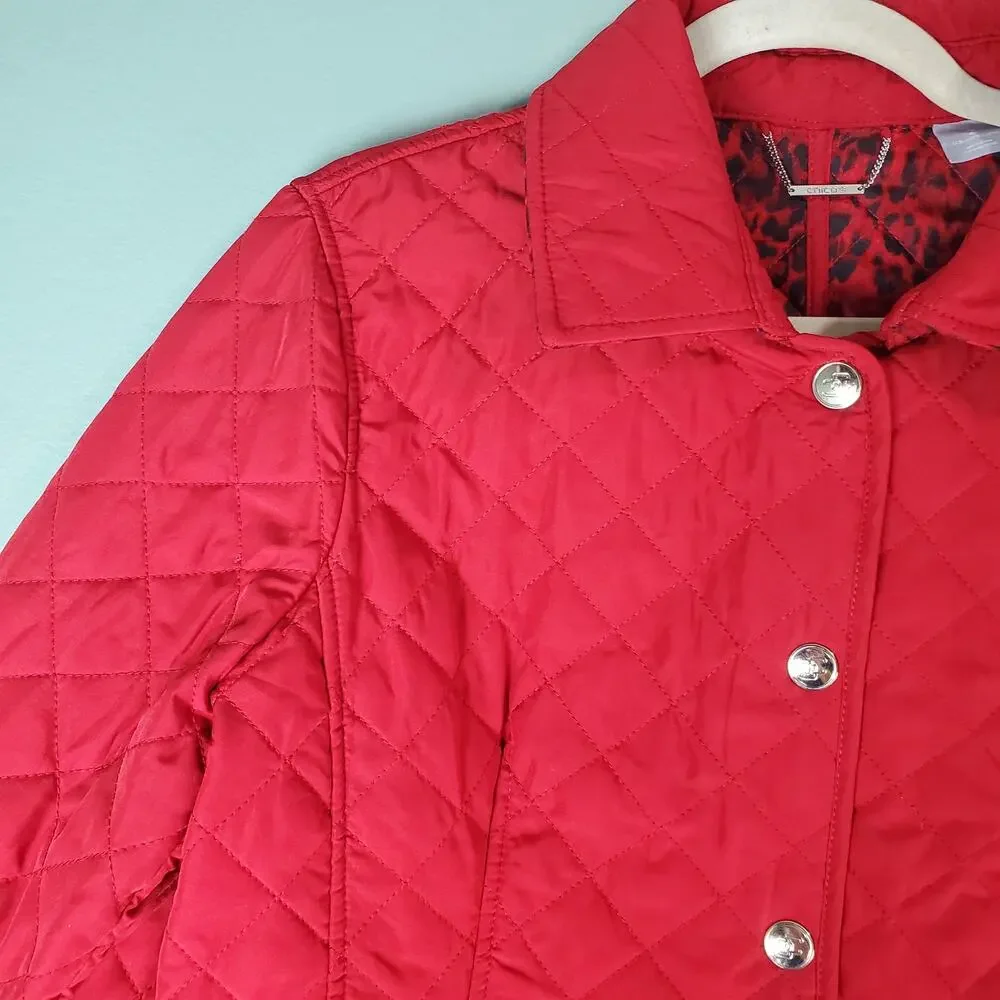 Chico's Womens Red Modern Quilted Jacket Animal Print Lined Pockets Size 2 Large